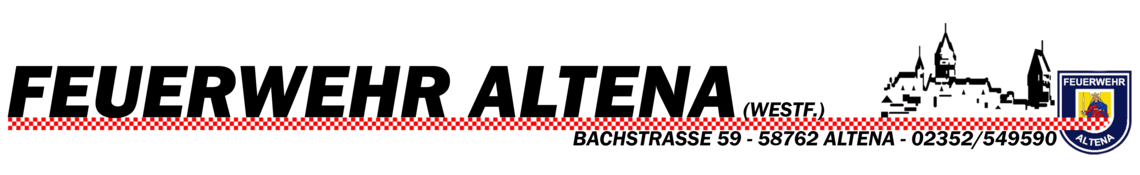 Kopfzeilengrafik der Feuerwehr Altena mit sehr langem Schachbrettbalken in drei Reihen, bestehend aus roten und weißen Kacheln sowie dem Ärmelwappen der Feuerwehr Altena und dem Schriftzug und den Umrissen der Burg Altena.